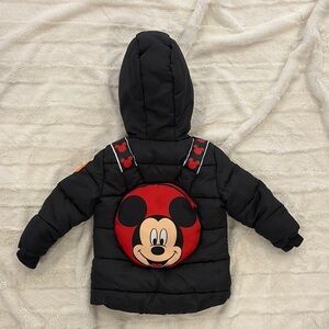 Black Puffer Jacket with Red Mickey Mouse Backpack